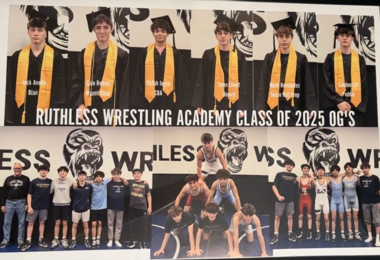 Ruthless Wrestling Academy Class of 2025 graduates in caps and gowns, headed to Blair, Mount Olive, CBA, Howell, Seton Hall Prep, and Peddie